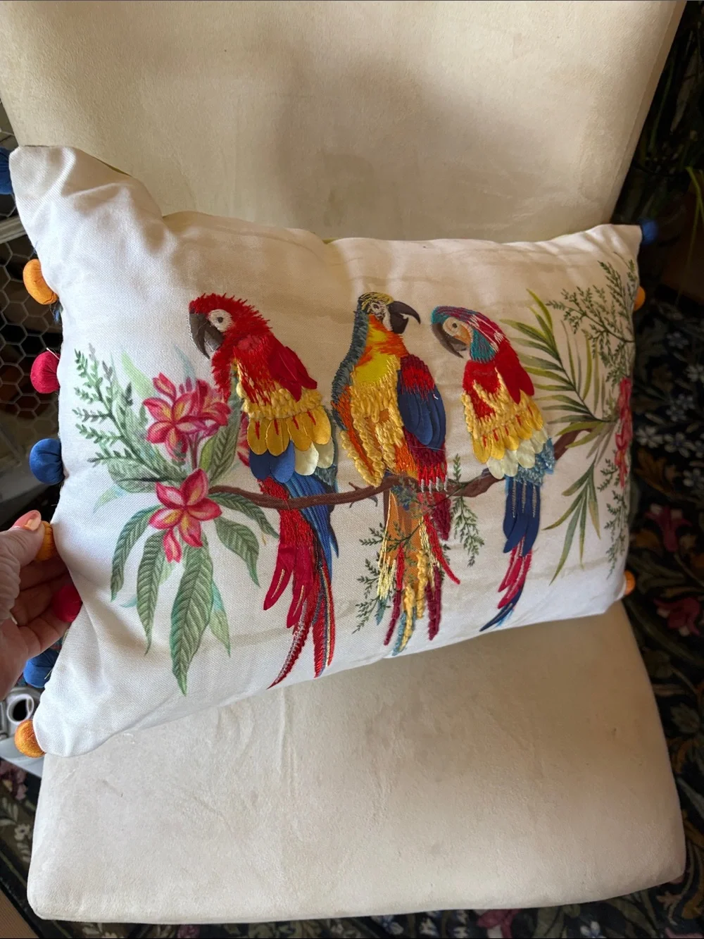 Embroidered Parrot Accent Pillow in Cream with Multicolor Detail